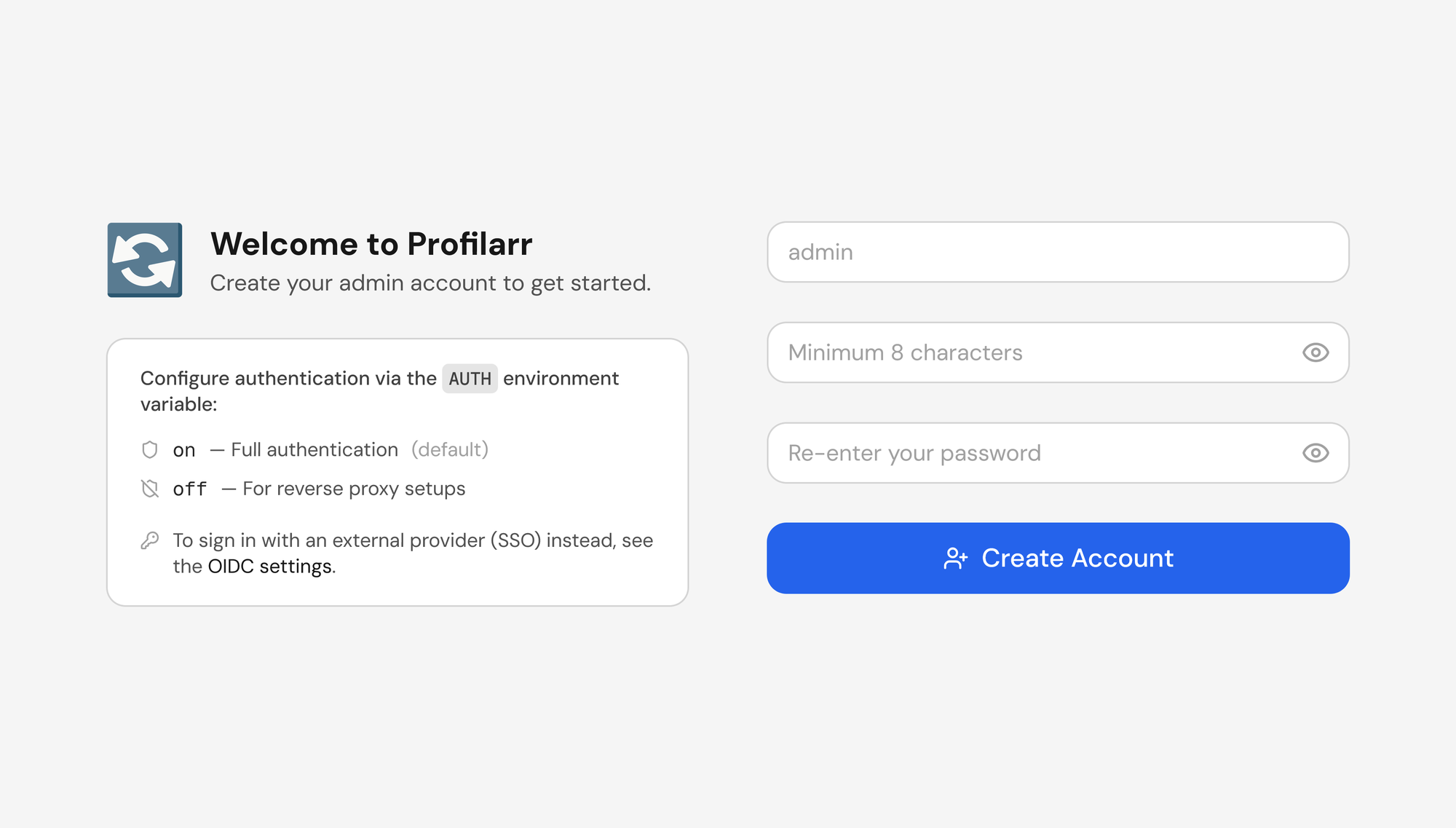Profilarr's first-run setup page, with fields for a username, a password, and the password again